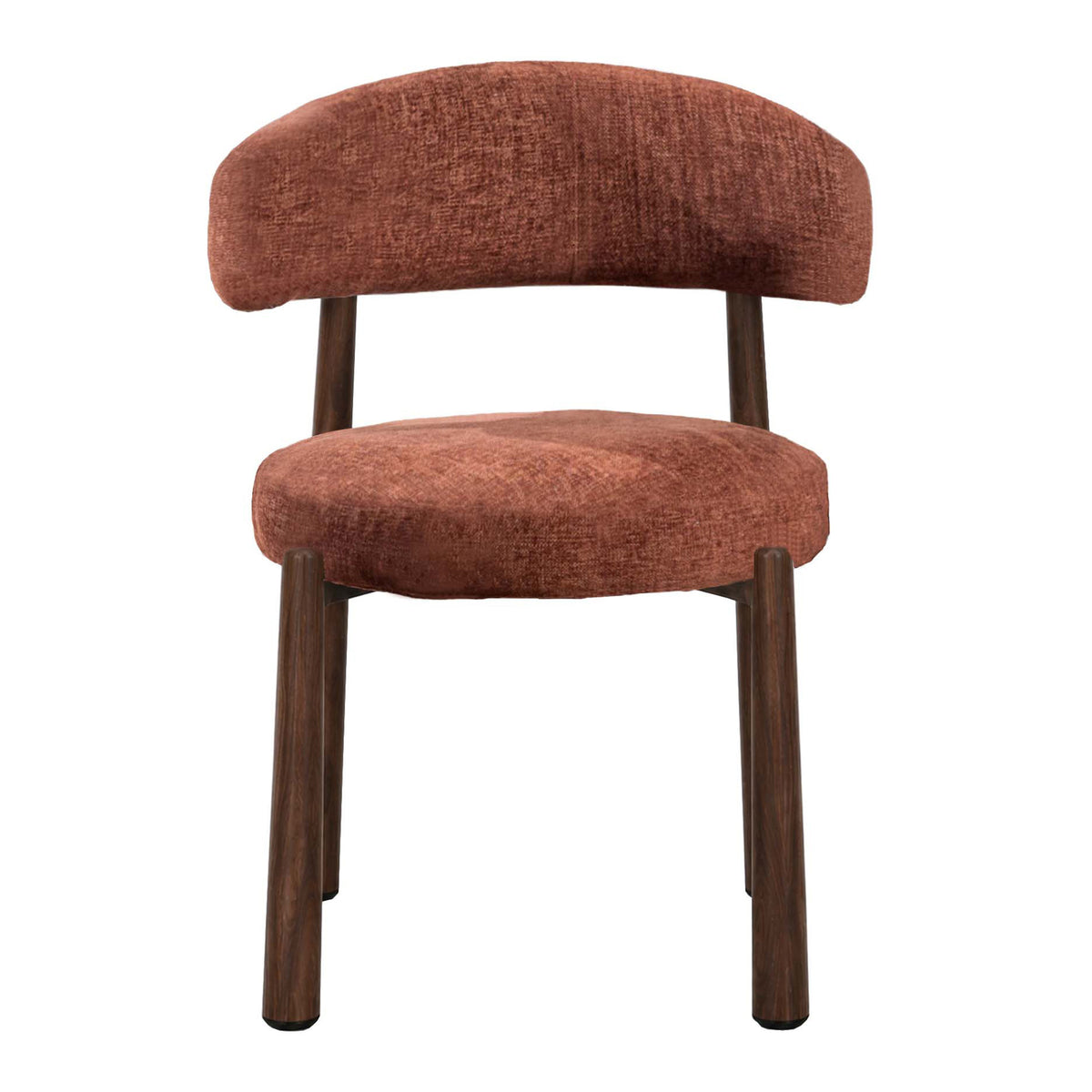 A modern upholstered dining chair with a rounded, curved backrest and seat cushion in a textured rust-orange fabric, supported by four dark brown wooden legs, shown against a plain white background.