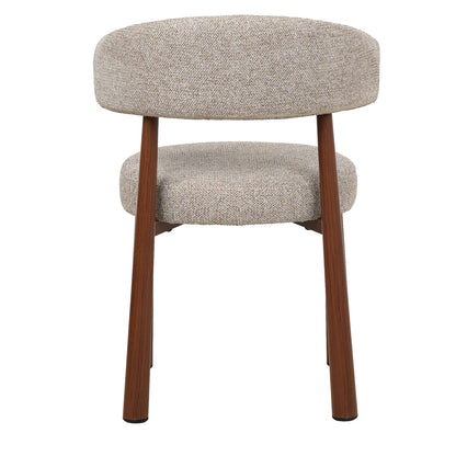 A modern dining chair with a round upholstered seat and backrest in a textured beige fabric, supported by four tapered dark brown wooden legs, shown against a plain white background.