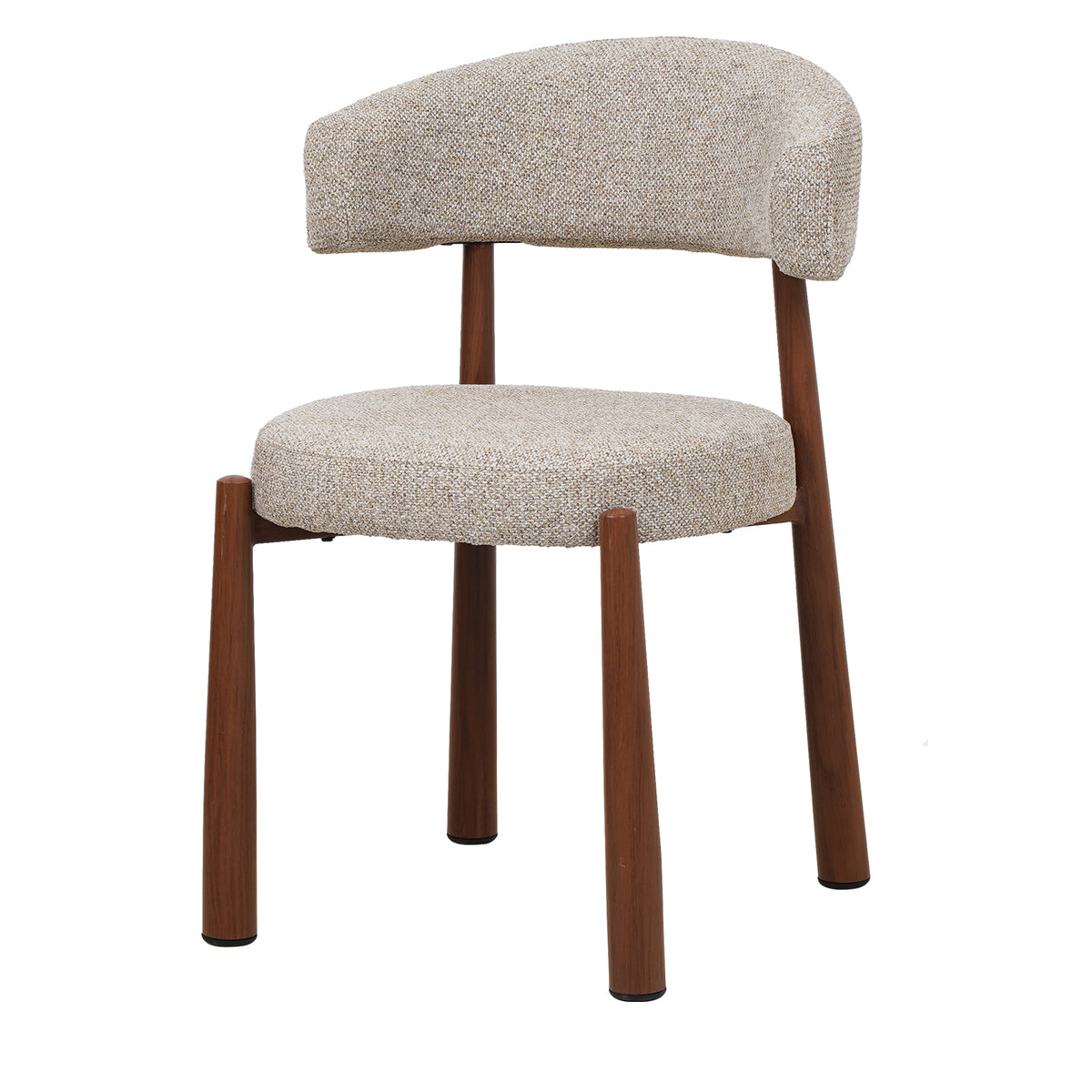 A modern dining chair with a curved upholstered backrest and seat cushion in a textured beige fabric, supported by four tapered dark brown wooden legs, shown on a solid white background.