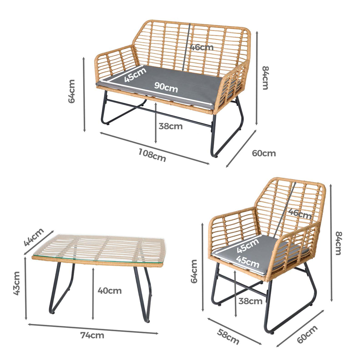 LivaraHome Neo 4 Seater Outdoor Lounge Set Wicker Patio Furniture