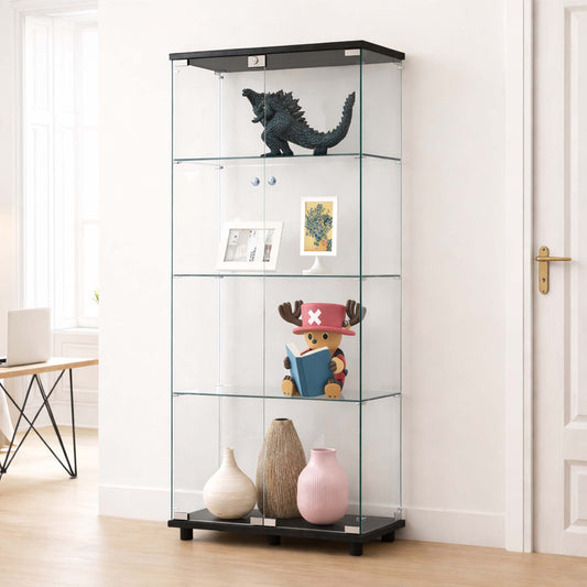 A tall glass display cabinet with black top and bottom frames, shown in a bright room with shelves holding a dinosaur figurine, framed art, a small plush toy, and three vases.