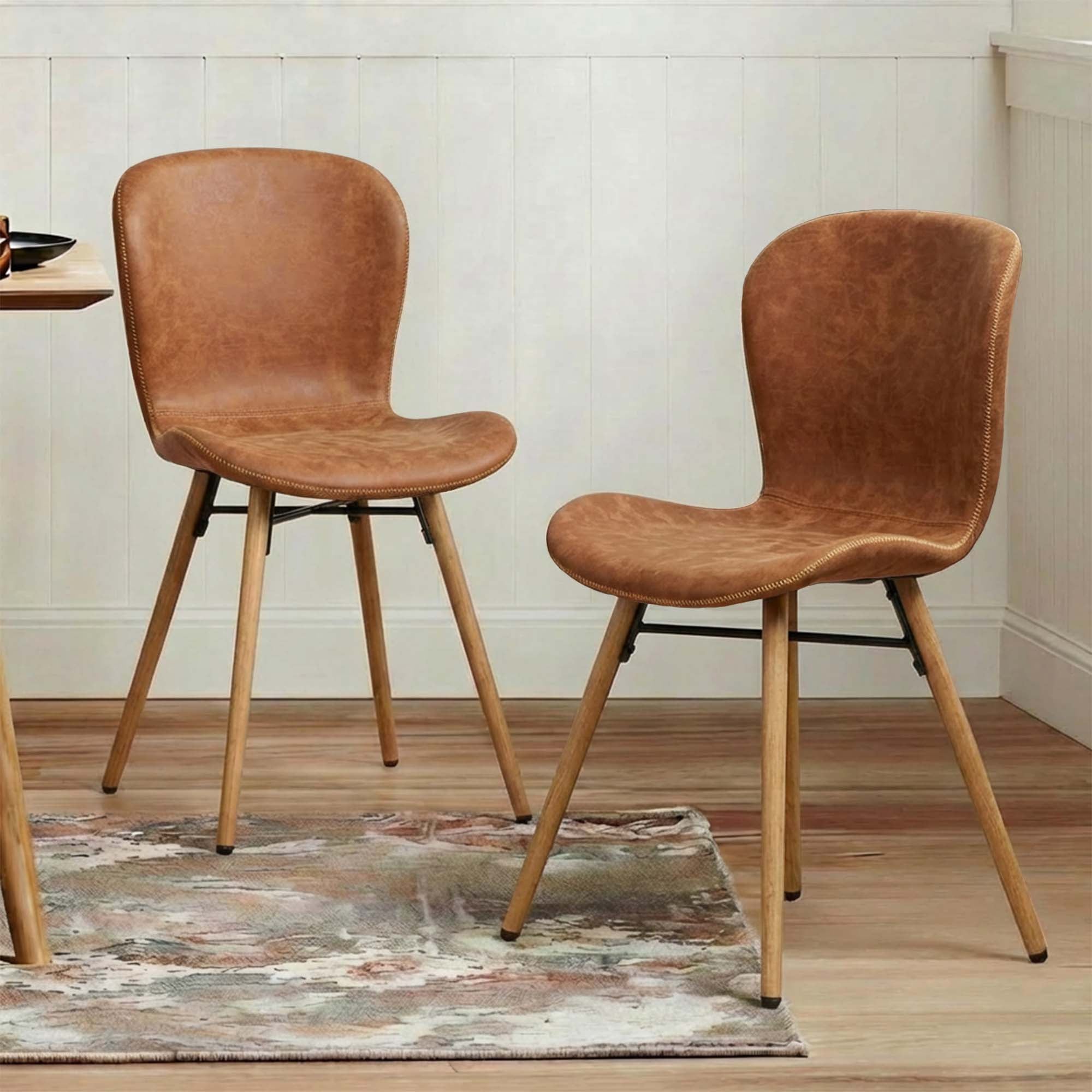 LivaraHome Kasa Faux Leather Dining Chairs Cushion Seat (Set of 2) - Mid Century