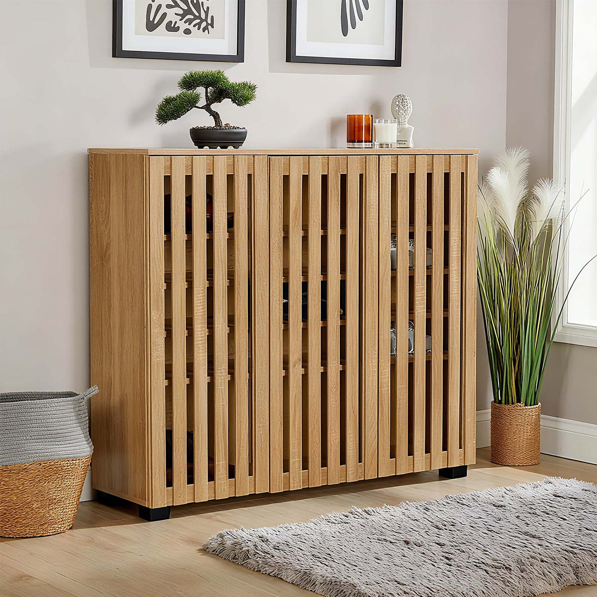 LIVARA Samia 3 Slatted Door Shoe Storage Cabinet Wooden Hidden Shoe Rack