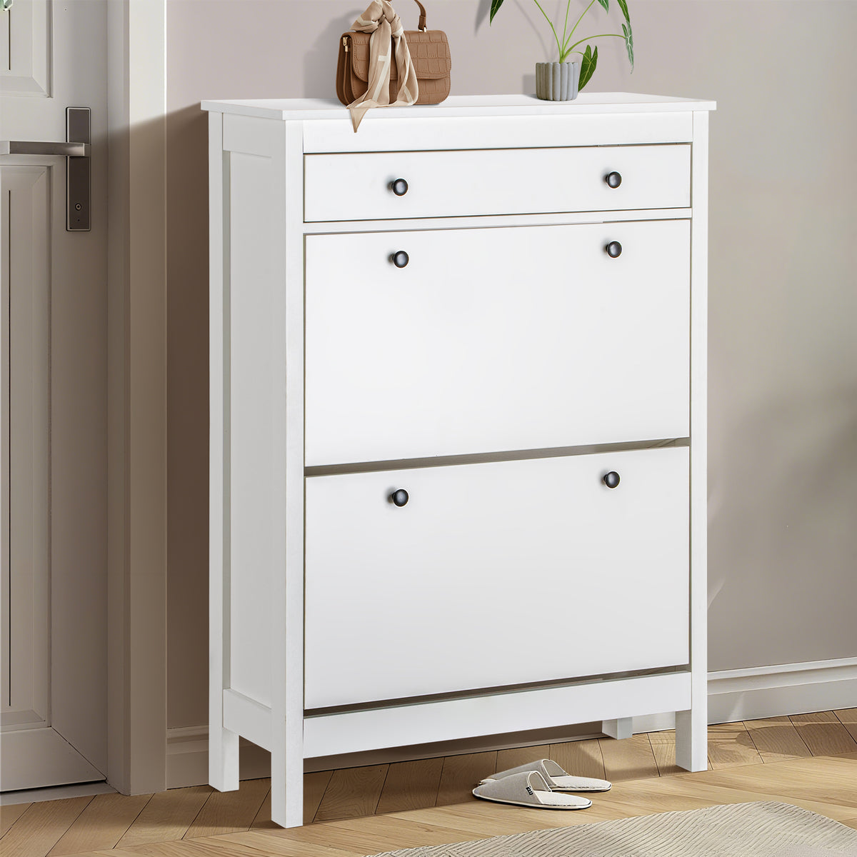 LIVARA Finley White Shoe Cabinet with 2 Flip Drawers Shoe Rack for Entryway