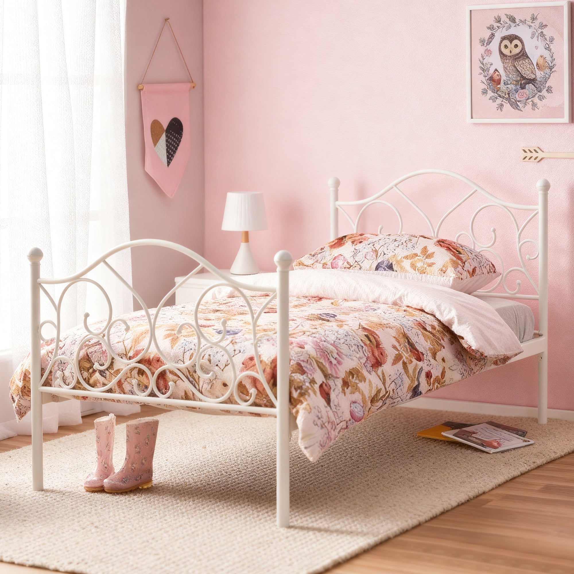 LivaraHome Giselle Metal Bed Frame Modern Headboard - White