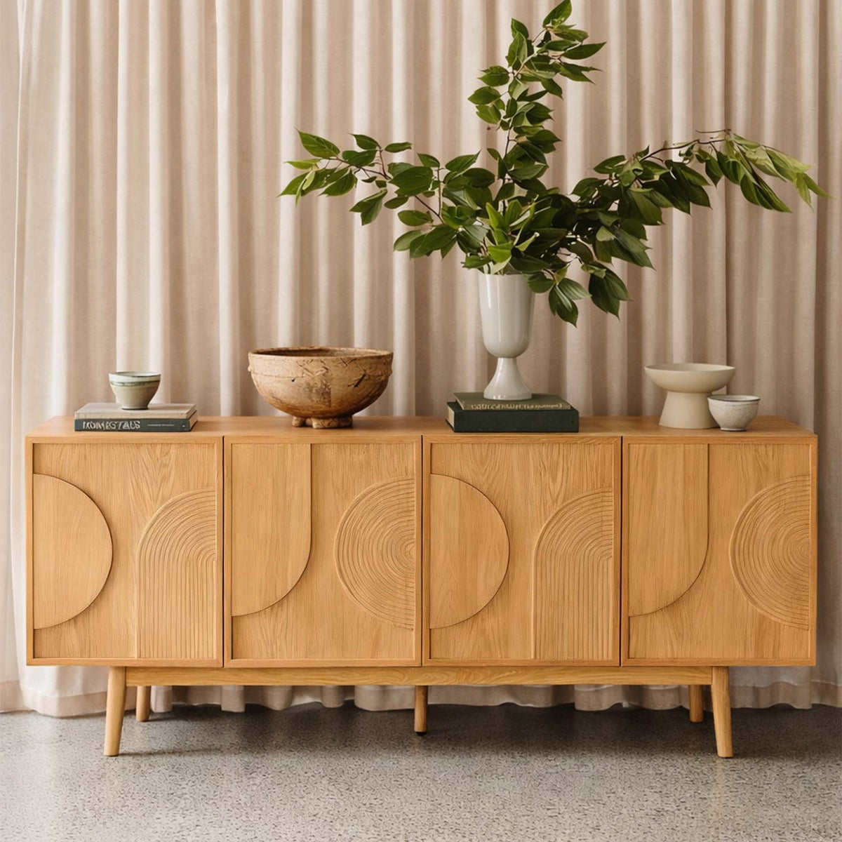 LivaraHome Arcen 4 Door Curved Sideboard Buffet Storage Cabinet - Oak