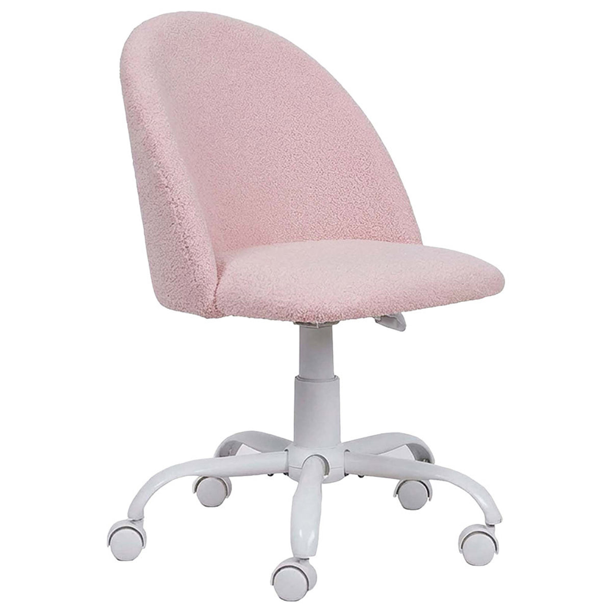 A modern desk chair with a textured light pink boucle upholstered seat and curved backrest, supported by a white five-star wheeled base.