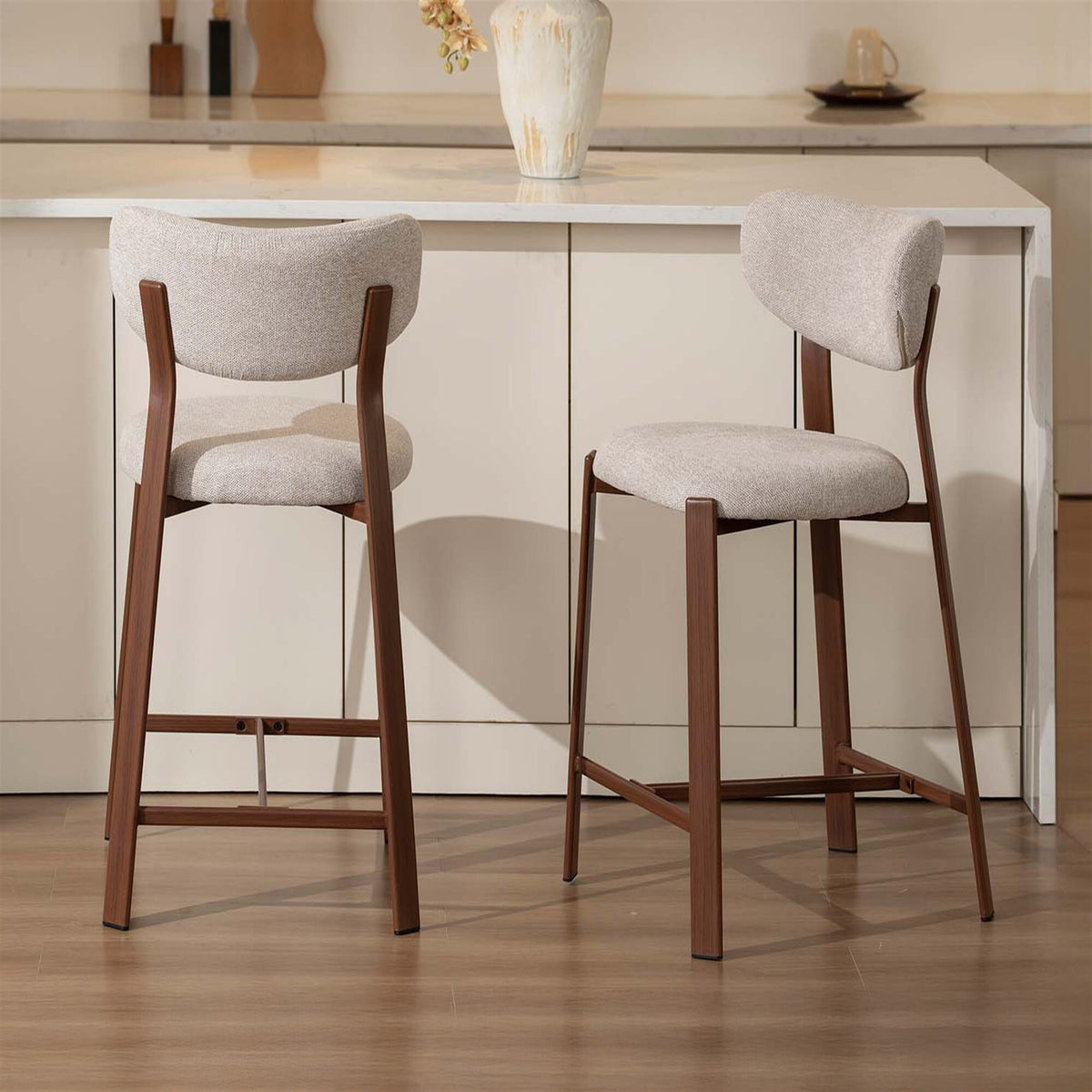 LivaraHome Luna 65cm Chenille Upholstered Bar Stools (Set of 2) - Walnut