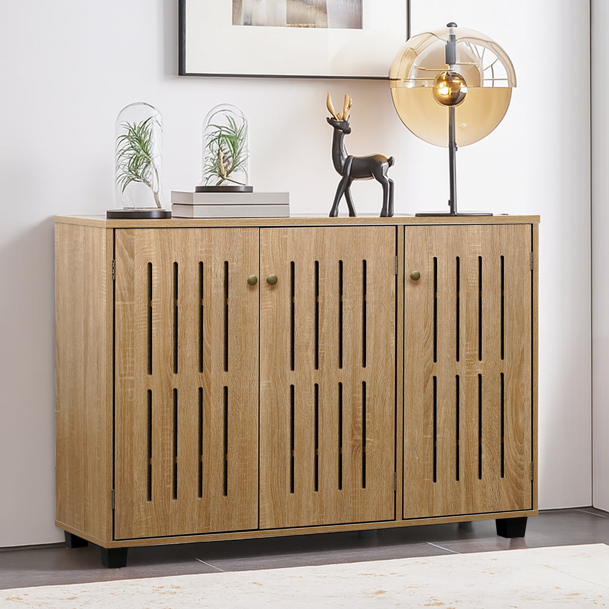 LivaraHome Eller 3 Door Slatted Shoe Cabinet Hidden Shoe Organizer