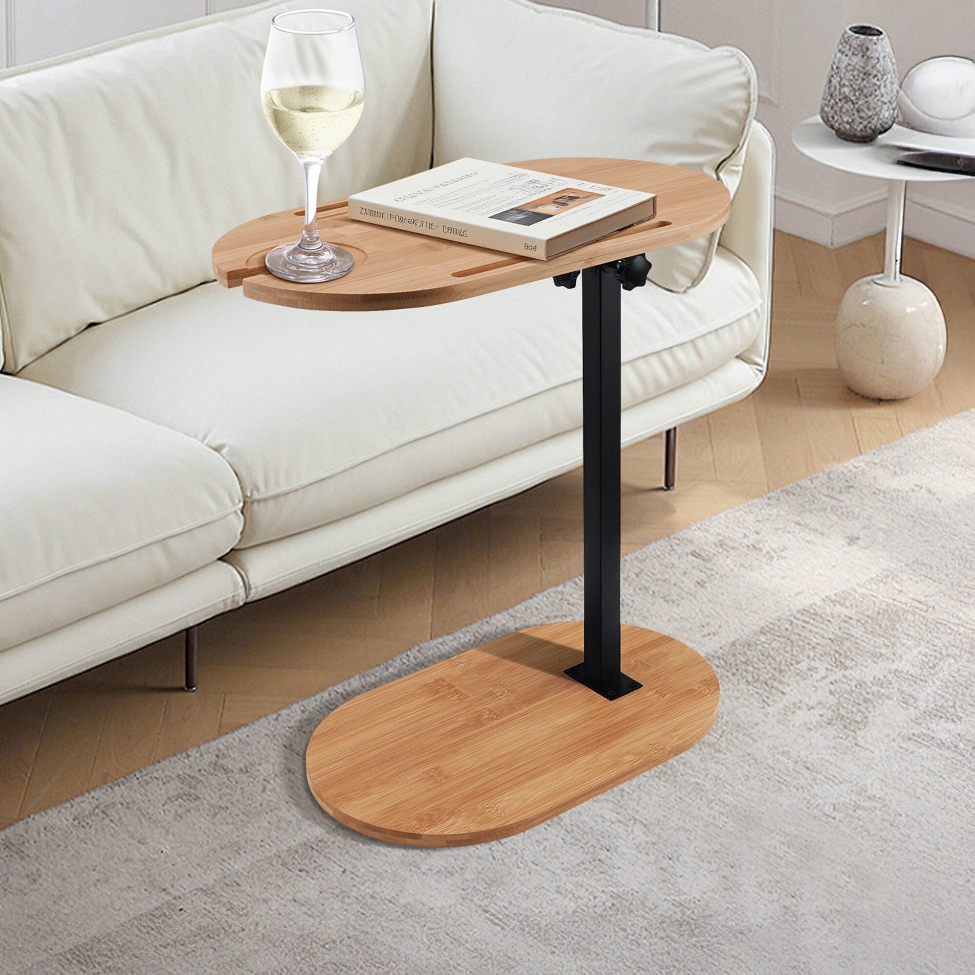 LivaraHome Lisbon Bamboo & Steel Side Table Adjustable Height