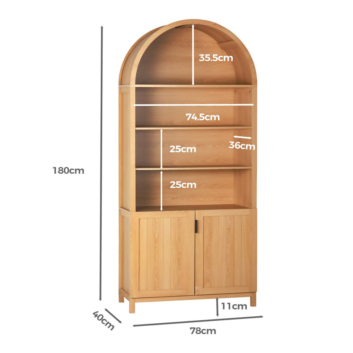LivaraHome Arlo 2 Door Arched Bookcase Display Storage Cabinet - Natural