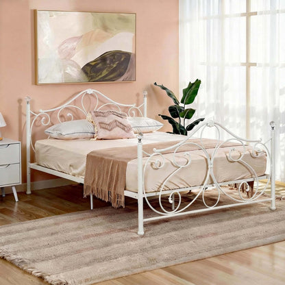 LivaraHome Amily Metal Bed Frame Butterfly Pattern Headboard - White